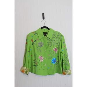 Bala Bala Top Womens XL Green Floral Embroidered Button Front Long Sleeve Preppy